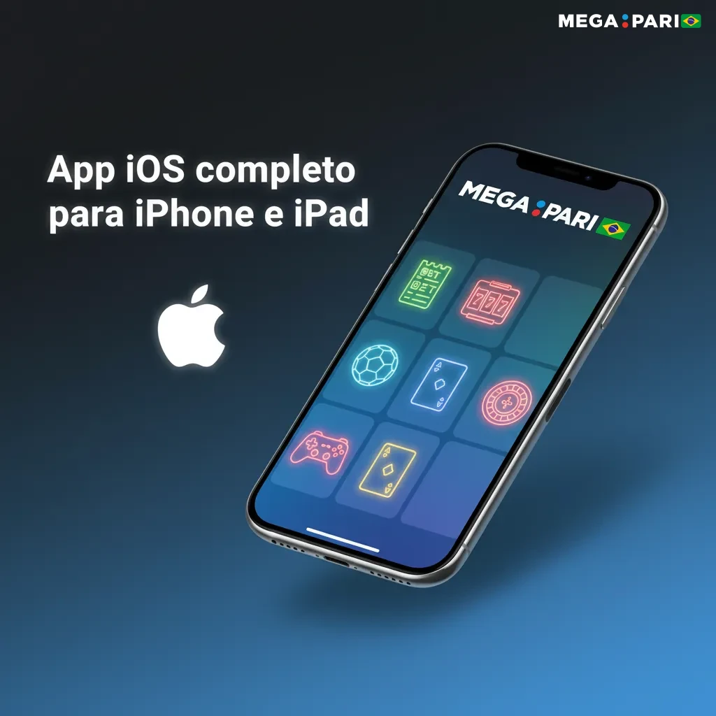 Tela do app iOS para iPhone e iPad, com apostas ao vivo, slots e Pix; grátis, iOS 12+, ~100 MB; conta sincronizada