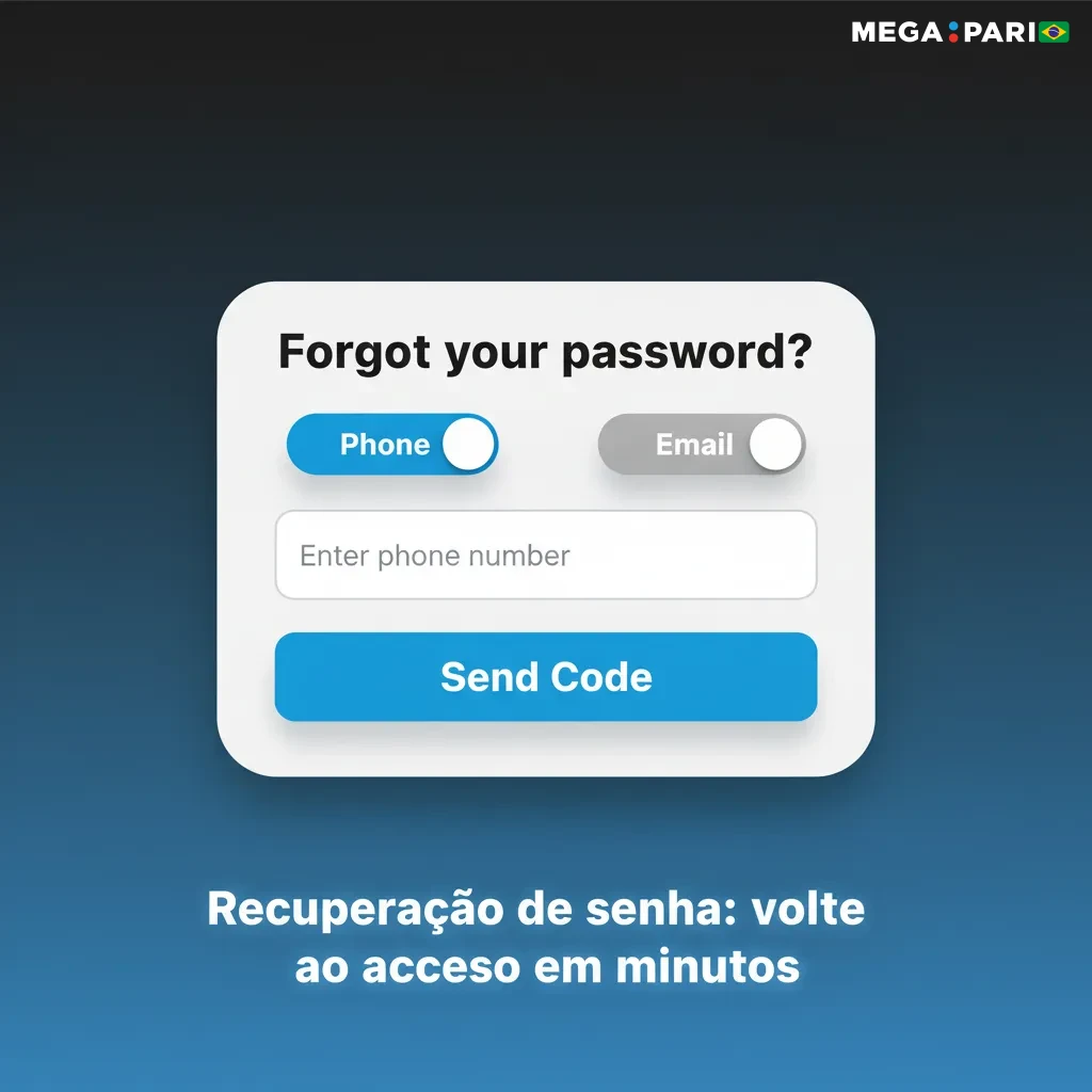 Tela de recuperação de senha: opções de e-mail ou SMS, link/código, nova senha e 2FA.