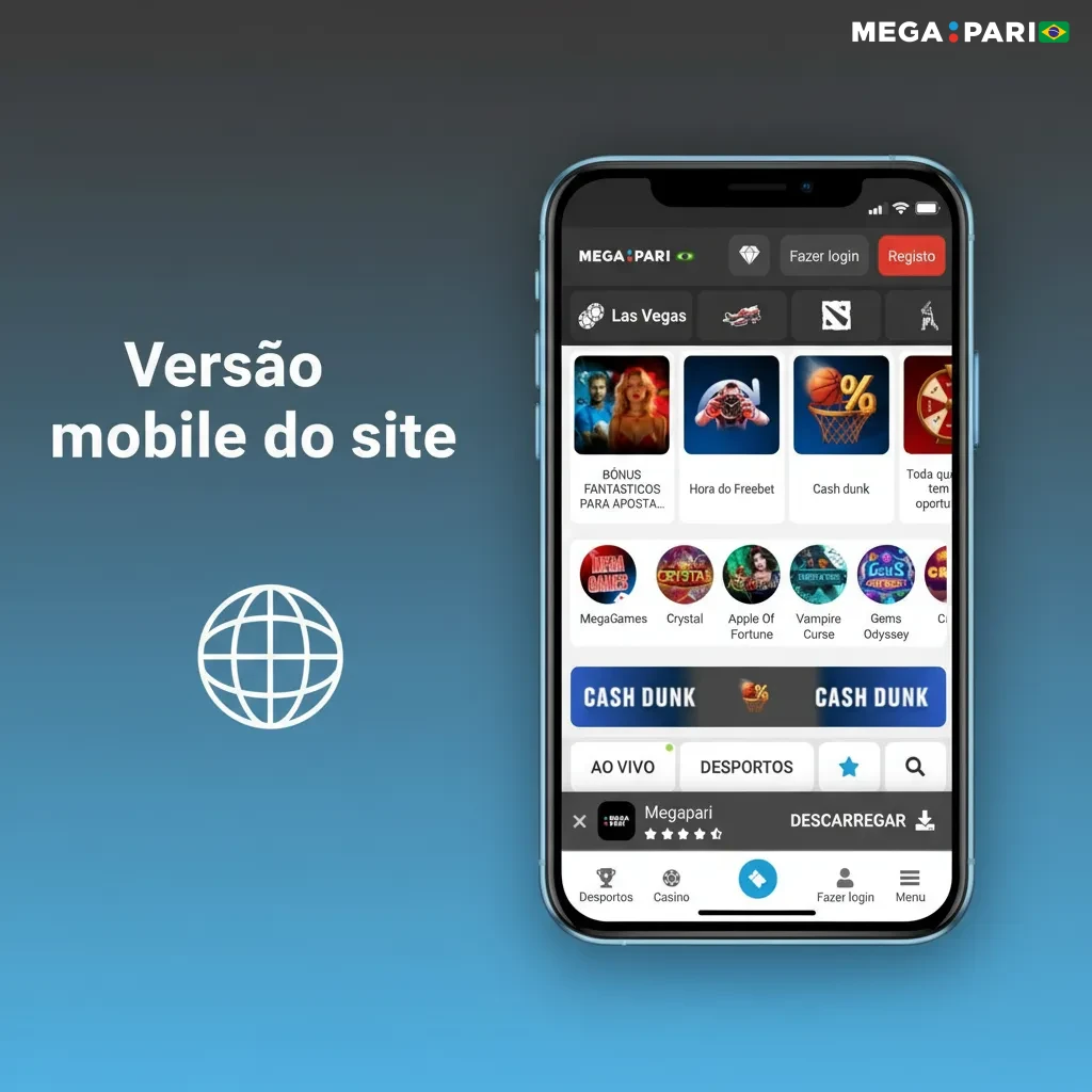 Versão mobile do site em smartphone, com menus fixos, slip de apostas e jogos HTML5; rápida em 4G/5G, com notificações.