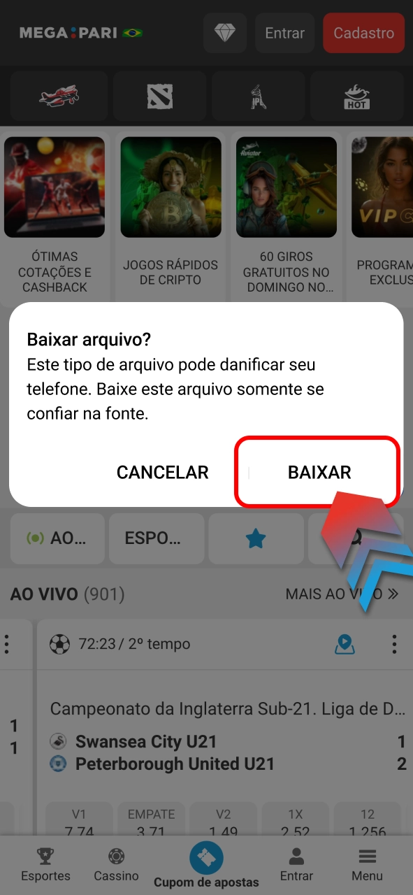 Confirme no pop-up do Megapari e continue o download com rapidez e segurança.
