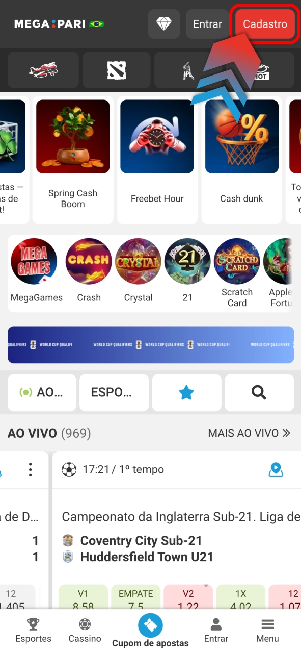 Clique em Registo no Megapari e escolha o melhor método para criar conta.