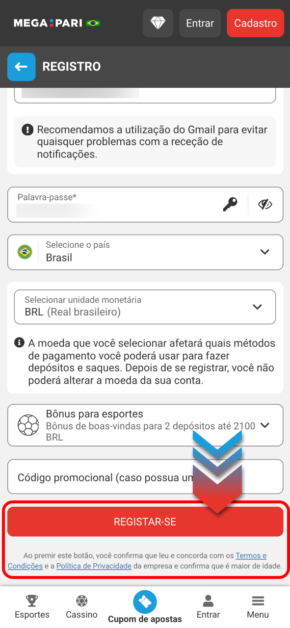 Aceite condições no Megapari e inicie sua experiência de apostas.