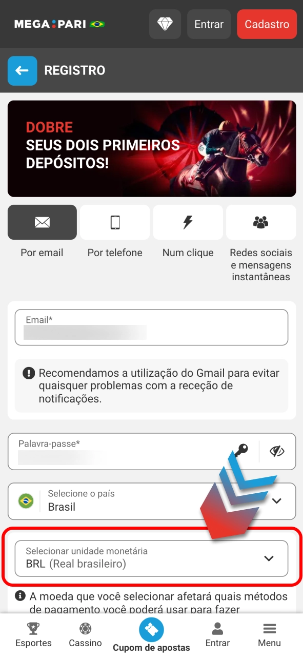 Escolha moeda no Megapari e gerencie depósitos e saques com facilidade.
