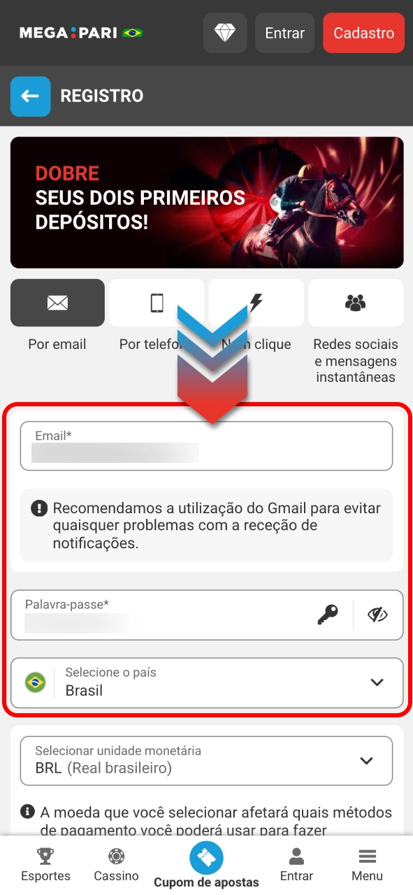 Preencha dados no Megapari e avance com cadastro rápido e seguro.
