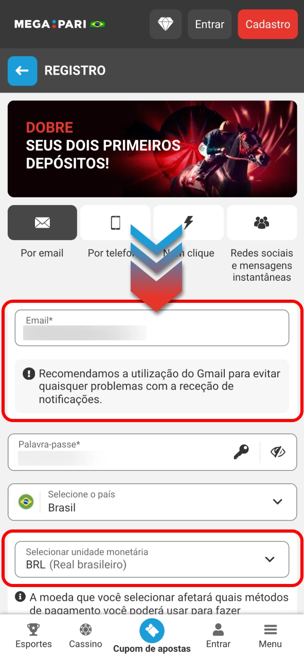 Crie conta na Megapari e prepare-se para ativar seu código promocional.