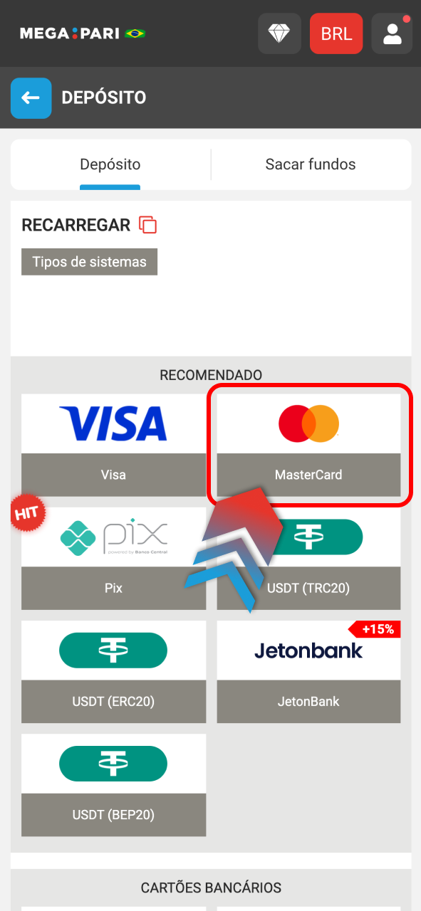 Escolha método na Megapari e faça depósito com total praticidade.