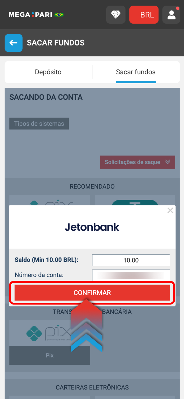 Envie solicitação Megapari e acompanhe status do saque na conta.