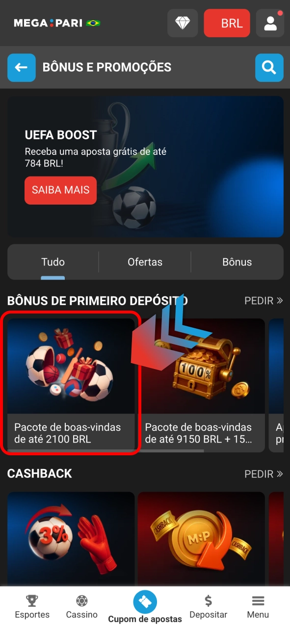 Selecione oferta Megapari e confirme para receber crédito rapidamente.