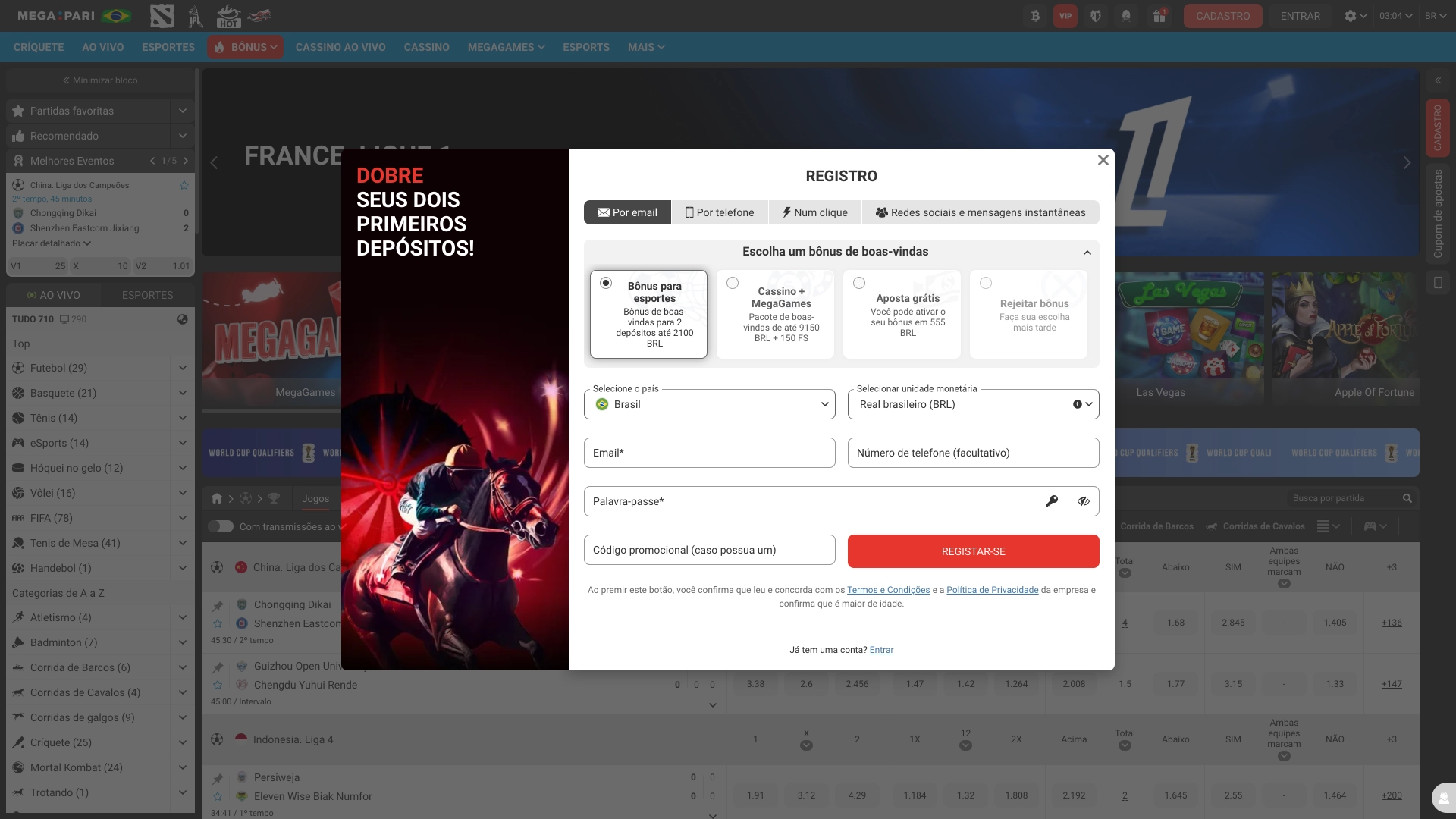 Abra cadastro Megapari e comece a apostar sem demora.